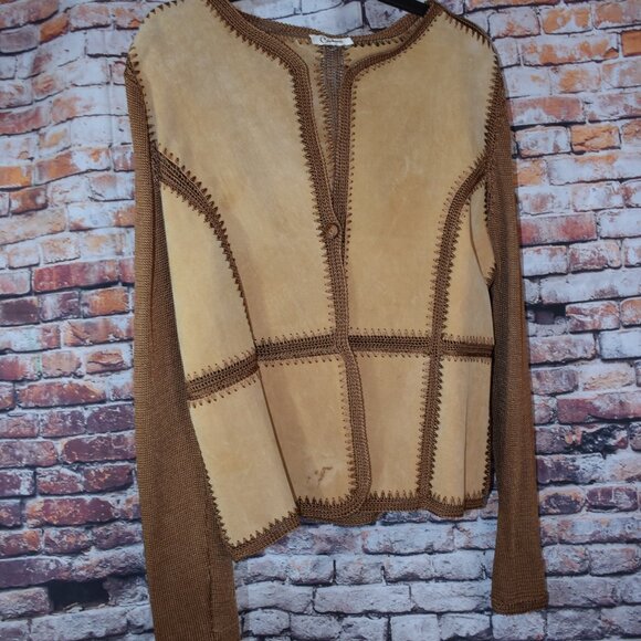 Carducci Sz Medi Leather Suede Jacket Crochet Patchwork Button Tan Boho Cowgirl - Picture 10 of 12